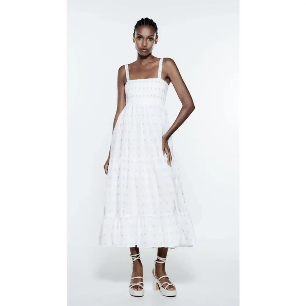 Zara Floral Embroidered Tiered Maxi Sundress Smocked White Blue Dress Size Large - Picture 13 of 16